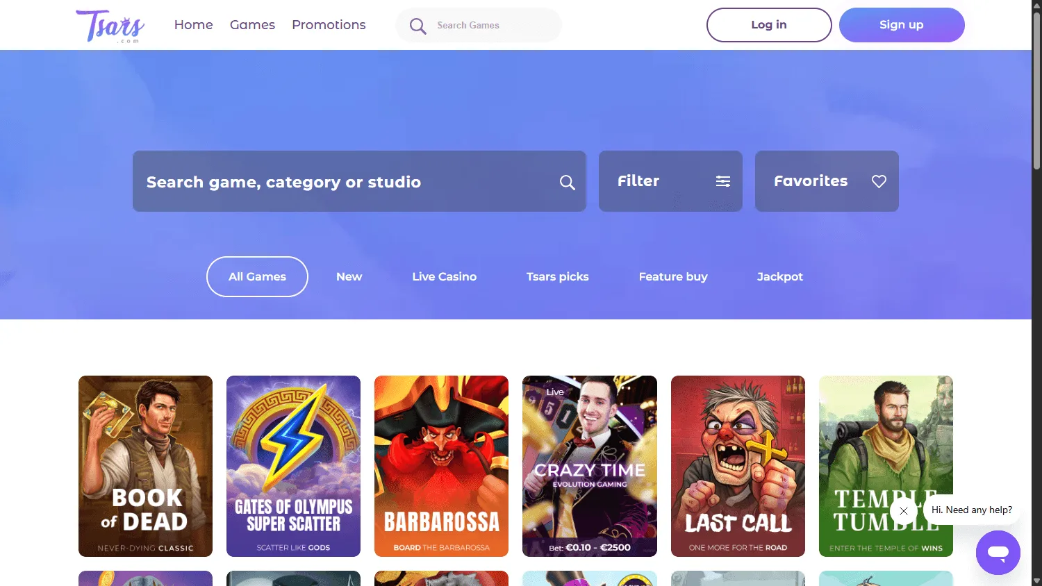 Tsars Casino desktop games area with casino categories and titles