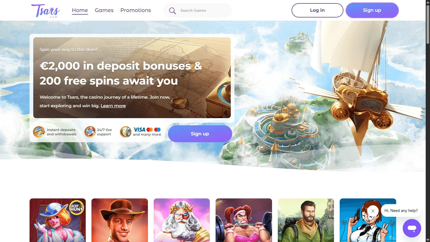Tsars Casino desktop home screen with casino offers and game access