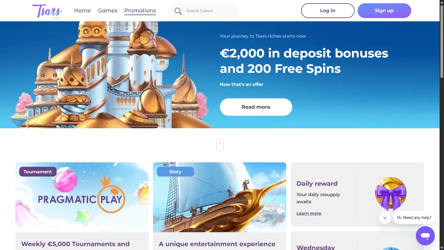 Tsars Casino desktop promotions area with welcome and player rewards