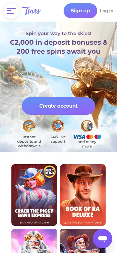 Tsars Casino mobile home screen for Android and iOS access