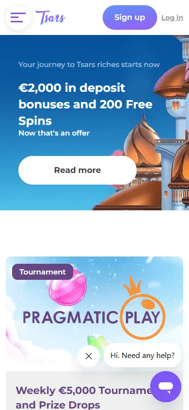 Tsars Casino mobile promotions area with welcome and ongoing rewards