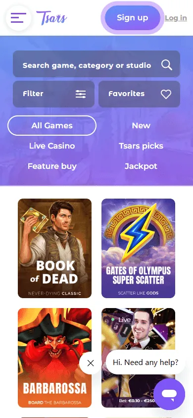Tsars Casino mobile games area with casino categories and filters